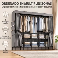 HOMCOM Armario de Tela con 5 Barras 5 Estantes 6 Bolsillos Laterales Cremallera Marco de Acero 212x45x167 cm Gris(m-4)
