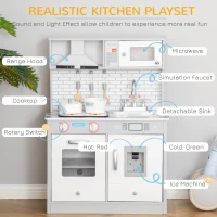 HOMCOM Kids Wooden Toy Kitchen Pretend Play Cooking Playset w/ Sound & Light Effect, Battery Operated Cooktop, Ice Machine, Marble Pattern Countertop, for 3-6 Years Old(m-5)