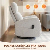 HOMCOM Fauteuil inclinable de massage et chauffage, fauteuil de relaxation en chenille, dossier réglable, pivotant 360°, crème(m-8)