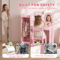 AIYAPLAY Kids Dressing Table, 3-in-1 Girls Vanity Set with Stool, 2-Colour Lights Mirror, Clothes Rack for Ages 3-8, Pink(m-7)