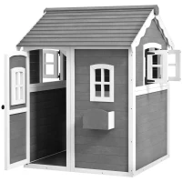 Outsunny Speelhuis voor kinderen, huis voor binnen en buiten met deur, ramen en plantenbak, dennenhout, grijs(m-1)