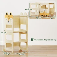 AIYAPLAY Torre de Aprendizaje 3 en 1 Plegable Convertible en Escritorio y Silla con Pizarra Dibujos de Zorros Natural(m-3)