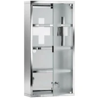 HOMCOM Armoire à Pharmacie 3 étagères 4 Niveaux 30L x 12l x 60H cm Porte Verre trempé Symbole Croix Acier Inoxydable brossé(m-1)