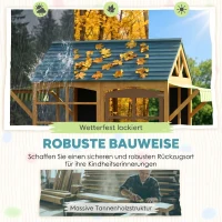 AIYAPLAY Kinderspielhaus aus Tannenholz, Faltbares Häuschen mit Fenstern, Tür, für Kinder im Alter von 3-8 Jahren, Braun+Blau(m-6)