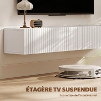 HOMCOM Meuble TV suspendu 140cm, meuble télé pour téléviseur 72 pouces, 2 portes rabattables, 140x25x22cm, blanc(m-4)