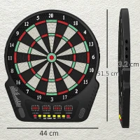 HOMCOM Bersaglio Freccette con 6 Freccette, Alimentatore, 4 Display LED e 27 Giochi, in ABS e PP, 44x51.5x3.2 cm, Nero(m-3)