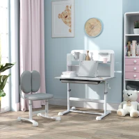 AIYAPLAY Set Scrivania e Sedia per Bambini Regolabili, Banco Scuola con Piano Inclinabile, Cassetto, Scaffale, Grigio(m-10)