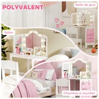 AIYAPLAY Coiffeuse enfant 2 en 1 avec tabouret miroir triptyque et lumières LED bicolores  93,6 x 48,5 x 111,5 cm blanc(m-8)