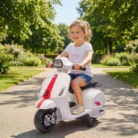 AIYAPLAY Motocicletă Electrică pentru Copii cu Licență Vespa, Baterie Reîncărcabilă 6V, Roți Ajutătoare și Lumini, 2-4 Ani, Albă(m-8)