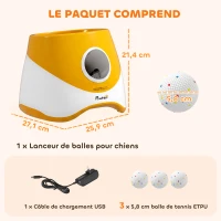 PawHut Lanceur de Balles Automatique avec 3 Balles en ETPU, 3 Réglages de Distance 6m/10m/14m, Intérieur et Extérieur, Orange(m-3)
