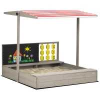 Outsunny Bac à sable carré en bois pour enfants avec bancs toit réglable tableau et jeux  114 x 113 x 110 cm gris(m-1)