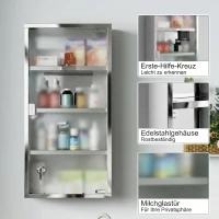 HOMCOM Armoire à Pharmacie 3 étagères 4 Niveaux 30L x 12l x 60H cm Porte Verre trempé Symbole Croix Acier Inoxydable brossé(m-6)