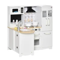 HOMCOM Cocina de Juguete de Madera para Niños de +3 Años con Sonidos 14 Accesorios Cocinita Infantil con Teléfono Fregadero Extraíble Microondas y Grifo 82x65x87 cm Blanco(m-11)
