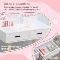 ZONEKIZ Set Toeletta per Bambini con Tavolo Trucco e Sgabello, Specchio e 2 Cassetti, Bianco e Colore Legno(m-5)