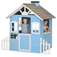 Outsunny Casita Infantil de Madera Casa de Juegos Exterior para Niños de 3-7 Años 51x112,5x142 cm Azul(m-1)