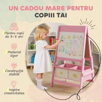 AIYAPLAY Tablă pentru Copii 3 în 1 cu Șevalet, Rola de Hârtie și 2 Coșuri, în Lemn, 54x46x94 cm, Roz(m-6)
