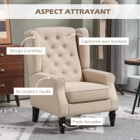 HOMCOM Fauteuil de salon capitonné avec assise large, pieds en bois, style classique, grand confort, 74 x 86 x 102 cm, beige(m-4)