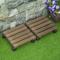 Outsunny Pack de 2 Plataformas con Ruedas de Madera Soportes para Plantas Macetas Exterior Interior Carga 50 kg Marrón Oscuro(m-7)