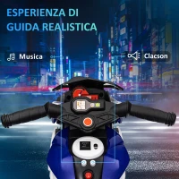 HOMCOM Moto Elettrica per Bambini 3-5 Anni Max. 25kg con Luci, Musica, Batteria 6V e Velocità 3km/h, 86x42x52 cm Blu(m-4)