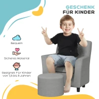 AIYAPLAY Kinderstoel met Poef, Rugleuning in Diamantpatroon, Zachte Zitplaats, Houten Frame, Grijs(m-7)