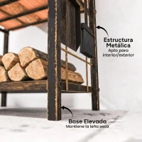Outsunny Estante de Leña de Metal de 2 Niveles con 4 Herramientas para Chimenea y Ganchos 43x30x74 cm Marrón Oscuro(m-11)