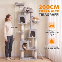 PawHut Albero Tiragraffi Alto 200 cm con Pali in Sisal, 2 Cucce, 3 Casette, Amaca, Grigio Chiaro(m-4)