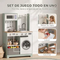 AIYAPLAY Cocina de Juguete de Madera con Lavandería Máquina de Hielo Cajón de Tela Perchas Accesorios de Acero Inoxidable Verde(m-4)
