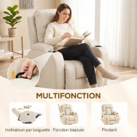 HOMCOM Fauteuil inclinable de massage et chauffage, fauteuil de relaxation, dossier réglable, pivotant 360°, 82x99x103cm, crème(m-5)