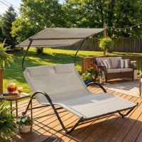 Outsunny Chaise longue bain de soleil transat avec auvent oreiller et roulettes en acier et polyester crème(m-2)