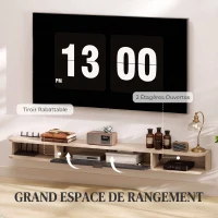 HOMCOM Meuble TV suspendu, meuble télé pour téléviseur jusqu'à 75 pouces, tiroir rabattable 2 étagères 180x24x16cm bois naturel(m-5)