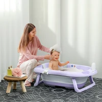 ZONEKIZ Vaschetta Bagnetto Pieghevole Bambini 0-6 Anni con Cuscino e 2 Ripiani, 83x48x23.5 cm, Viola e Bianco(m-2)