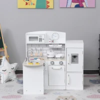 HOMCOM Cuisine Bois Jeu d'imitation - Cuisine Enfant 3+ Ans - Nombreux Accessoires & rangements Inclus - micro-ondes, hotte, évier avec robinet - MDF pin Blanc(m-10)