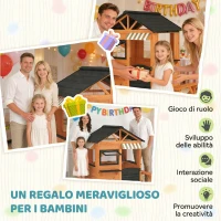 AIYAPLAY Casetta da Giardino per Bambini in Legno di Abete con Snack Bar, Finestre, Mezza Porta, Panca e Tetto Marrone(m-7)