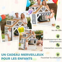 AIYAPLAY Cabane enfant extérieur en bois, maison enfant extérieure avec chatière, ustensiles de cuisine, banc et sonnette, blanc(m-8)