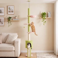 PawHut Krabpaal met kattenhuisje, hangmat, verstelbare hoogte en stoffen bekleding, groen(m-8)