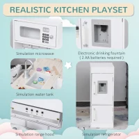 HOMCOM Kids Play Kitchen Wooden Toy Kitchen Cooking Set for Children with Drinking Fountain, Microwave, and Fridge White(m-6)