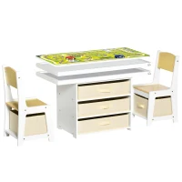 HOMCOM Juego de Mesa y Sillas Infantil de Madera 3 en 1 con 5 Cajones Tejidos de Almacenaje Mesa de Actividades para Bloques de Construcción y con Mapa de Ruta Color Natural(m-11)