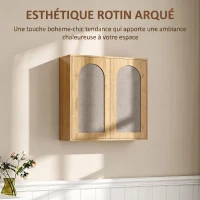 HOMCOM Armoire murale de salle de bain bohème avec 2 portes effet rotin à fermeture douce et étagère réglable, chêne(m-4)