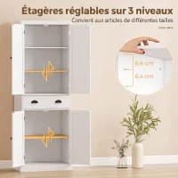 HOMCOM Buffet Haut Cuisine, Armoire de Cuisine avec 4 Portes, Tiroir et Étagères Réglables, Style Rustique, 62x38x173cm, Blanc(m-5)