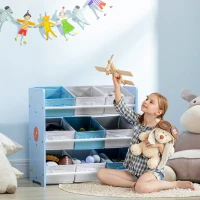 ZONEKIZ Mobiletto Portagiochi con 9 Cestini Rimovibili in MDF e Tessuto, 63x30x60cm, Azzurro(m-10)