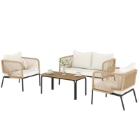 Outsunny Conjunto Jardín Exterior de 4 Piezas con Sofá 2 Sillones y Mesa WPC Ratán PE Tipo Cuerda Cojines Acolchados Blanco(m-11)