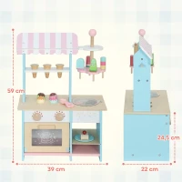 AIYAPLAY Eiswagen für Kinder Eisdiele Kinder 17 Stück Eis Kinderküche mit 17 Zubehörteile, Ofen, MDF, Hellblau(m-3)