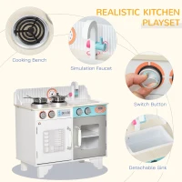 HOMCOM Kids Wooden Play Kitchen Toy Cooking Set Pretend Role Playset, with, Cooking Bench, Stainless Steel Pot for 3-6 Years(m-6)