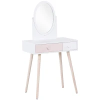 HOMCOM Tocador de Madera Infantil con Espejo y 2 Cajones 69x49x136 cm Blanco y Rosa(m-11)