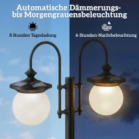Outsunny Solar lantaarn op paal 182 cm, verstelbare tuinlamp voor buiten met 2 koppen, plantenbak, lichtsensor en schakelaar, IP44(m-5)