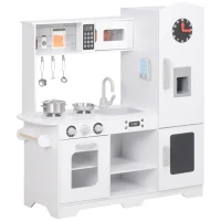 AIYAPLAY Cocina de Madera Infantil con Fogón Grifo Fregadero Microondas Reloj Máquina de Hielo y Accesorios de Cocina Blanco(m-1)