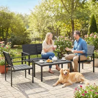 Outsunny 4 Piece Garden Furniture Set, Outdoor Sofa Set with HDPE Slatted Loveseat Armchairs Coffee Table Metal Frame, Black(m-9)