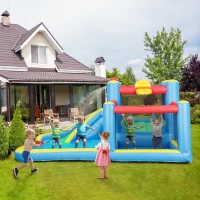 AIYAPLAY Inflatable Bouncy Castle with 550W Blower, Basketball Hoop, Long Slide, Dart Board, Carrying Bag, 385 x 290 x 180 cm(m-11)