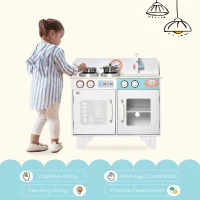 HOMCOM Kids Wooden Play Kitchen Toy Cooking Set Pretend Role Playset, with, Cooking Bench, Stainless Steel Pot for 3-6 Years(m-4)