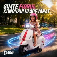 AIYAPLAY Motocicletă Electrică pentru Copii cu Licență Vespa, Baterie Reîncărcabilă 6V, Roți Ajutătoare și Lumini, 2-4 Ani, Albă(m-6)